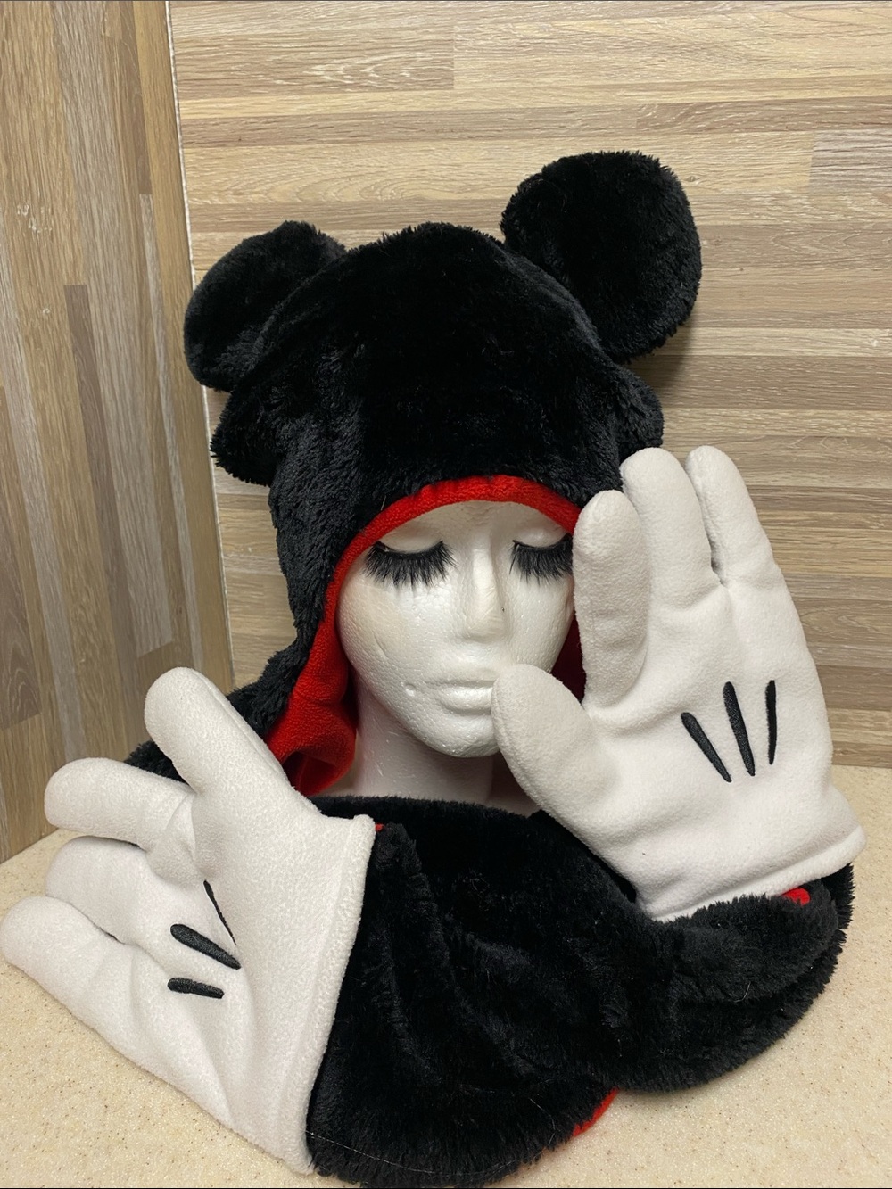 Mickey Ears Disney plush ear beanie Hat with White Gloves and Scarf Disney fit
